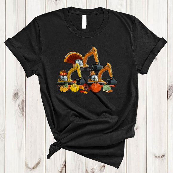 MacnyStore - Three Pilgrim Turkey Excavator, Cute Awesome Thanksgiving Excavator Driver, Fall Leaf Pumpkin T-Shirt
