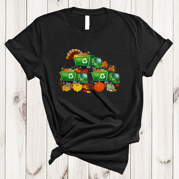 MacnyStore - Three Pilgrim Turkey Garbage Truck, Cute Awesome Thanksgiving Garbage Truck Driver, Fall Leaf Pumpkin T-Shirt