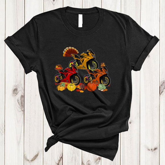 MacnyStore - Three Pilgrim Turkey Motorbike, Cute Awesome Thanksgiving Motorbike Rider, Fall Leaf Pumpkin T-Shirt