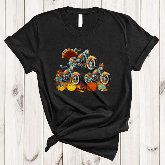 MacnyStore - Three Pilgrim Turkey Motorcycle, Cute Awesome Thanksgiving Motorcycle Rider, Fall Leaf Pumpkin T-Shirt