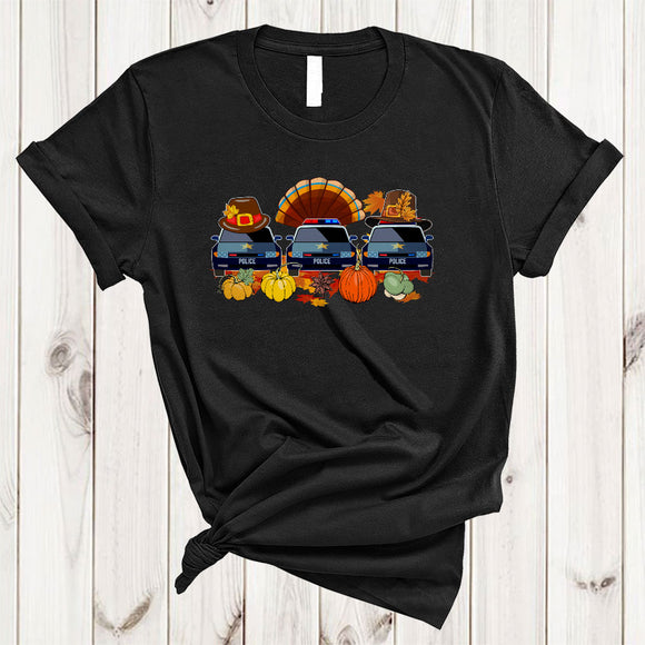 MacnyStore - Three Pilgrim Turkey Police Car, Cute Awesome Thanksgiving Driver, Fall Leaf Pumpkin T-Shirt