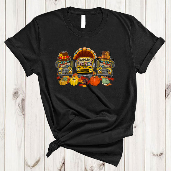 MacnyStore - Three Pilgrim Turkey School Bus, Cute Awesome Thanksgiving School Bus Driver, Fall Leaf Pumpkin T-Shirt