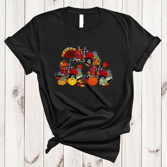 MacnyStore - Three Pilgrim Turkey Truck, Cute Awesome Thanksgiving Truck Driver Trucker, Fall Leaf Pumpkin T-Shirt