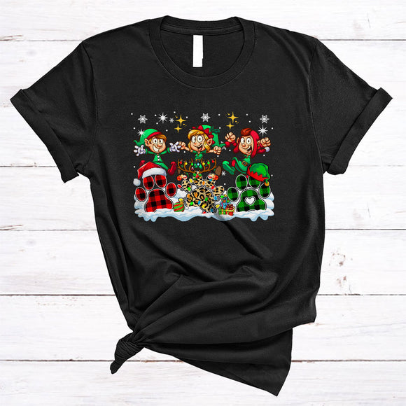 MacnyStore - Three Plaid Leopard Dog Paws With ELF, Joyful Christmas Lights ELF, Matching Puppy Lover T-Shirt