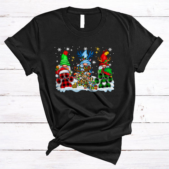 MacnyStore - Three Plaid Leopard Dog Paws With Gnomes, Joyful Christmas Lights Gnomes, Puppy Lover T-Shirt