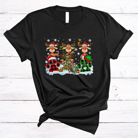 MacnyStore - Three Plaid Leopard Dog Paws With Reindeer, Joyful Christmas Lights Reindeer, Puppy Lover T-Shirt