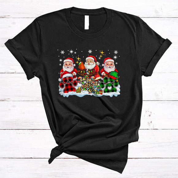 MacnyStore - Three Plaid Leopard Dog Paws With Santa, Joyful Christmas Lights Santa, Puppy Lover T-Shirt