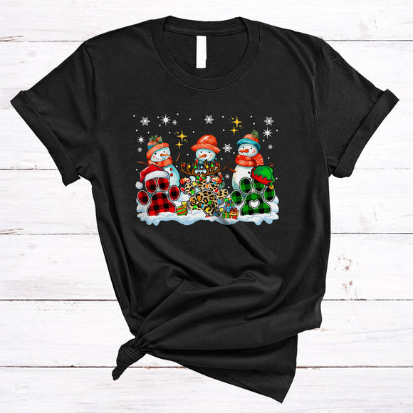 MacnyStore - Three Plaid Leopard Dog Paws With Snowman, Joyful Christmas Lights Snowman, Puppy Lover T-Shirt