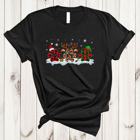 MacnyStore - Three Plaid Leopard Dog Paws, Cool Christmas Snow Around Gnomes, X-mas Family T-Shirt