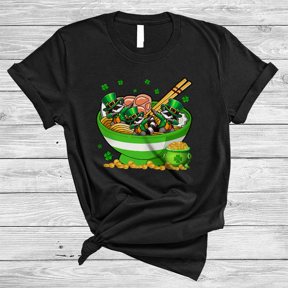 MacnyStore - Three Raccoon In Ramen Bowl, Awesome St. Patrick's Day Raccoon Shamrock, Japanese Food Lover T-Shirt