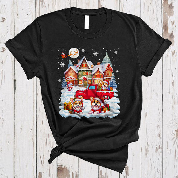 MacnyStore - Three Santa Corgi With Red Pickup Truck, Amazing Christmas House Snow, X-mas Family T-Shirt