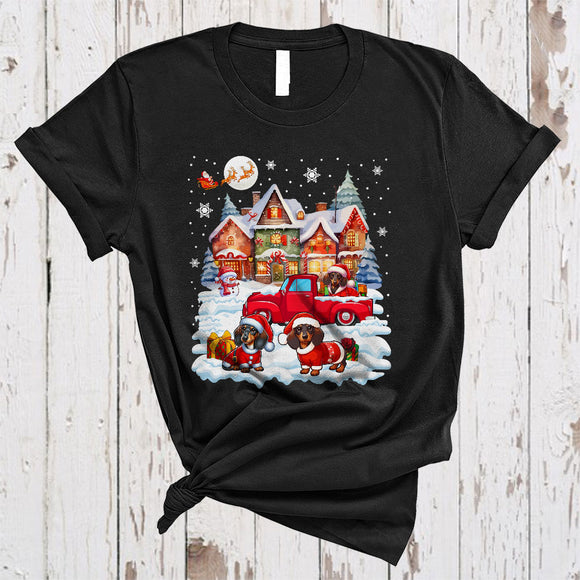 MacnyStore - Three Santa Dachshund With Red Pickup Truck, Amazing Christmas House Snow, X-mas Family T-Shirt