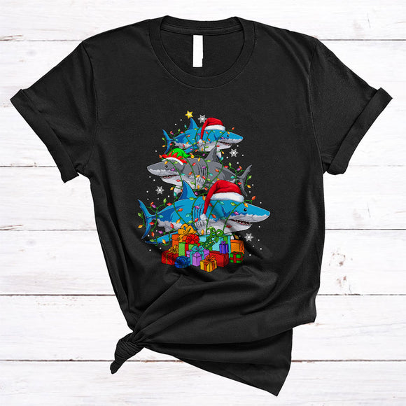 MacnyStore - Three Santa ELF Shark Christmas Tree, Awesome X-mas Lights Shark, Matching Family Group T-Shirt
