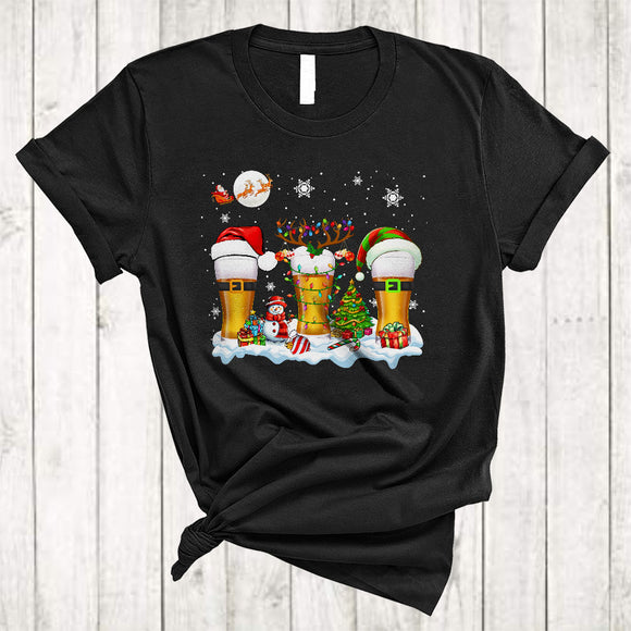 MacnyStore - Three Santa Elf Reindeer Beer Glasses, Amazing Christmas Drinking, X-mas Pajamas Family Group T-Shirt