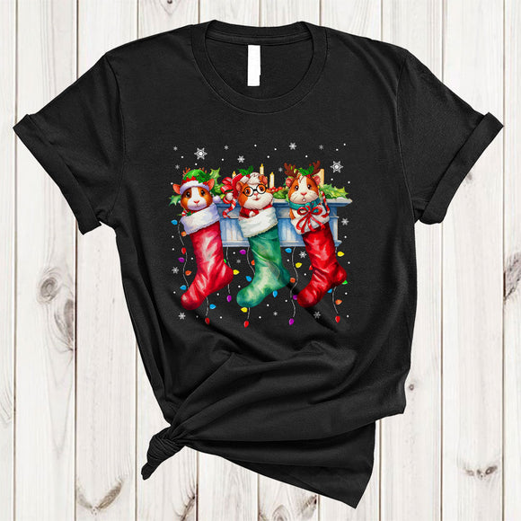MacnyStore - Three Santa Elf Reindeer Guinea Pigs In Christmas Socks, Lovely X-mas Lights, Animal Lover T-Shirt