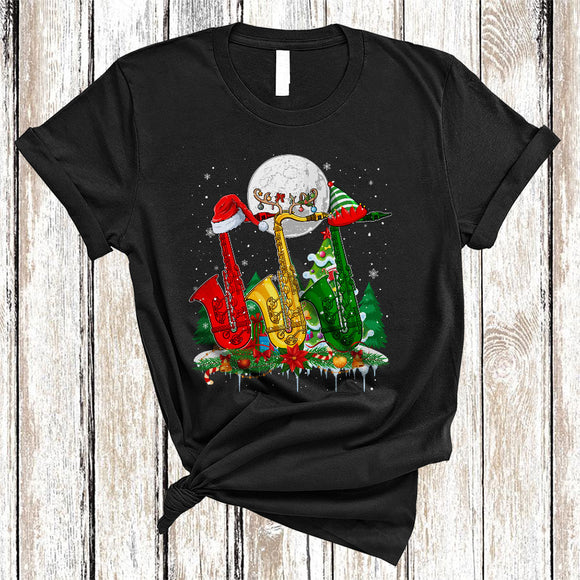 MacnyStore - Three Santa Elf Reindeer Saxophone, Amazing Christmas Musical Instruments, X-mas Tree Lover T-Shirt