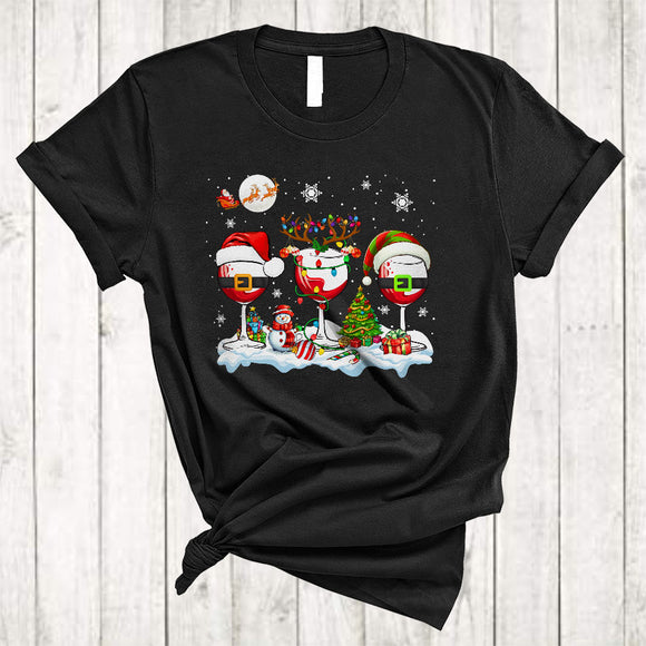 MacnyStore - Three Santa Elf Reindeer Wine Glasses, Amazing Christmas Drinking, X-mas Pajamas Family Group T-Shirt