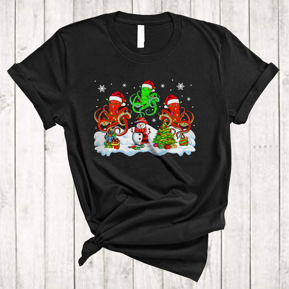 MacnyStore - Three Santa Octopuses With Snowman, Colorful Christmas Lights Octopus Sea Animal, X-mas Group T-Shirt