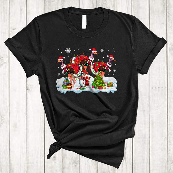 MacnyStore - Three Santa Ostriches With Snowman, Colorful Christmas Lights Ostrich Sea Animal, X-mas Group T-Shirt