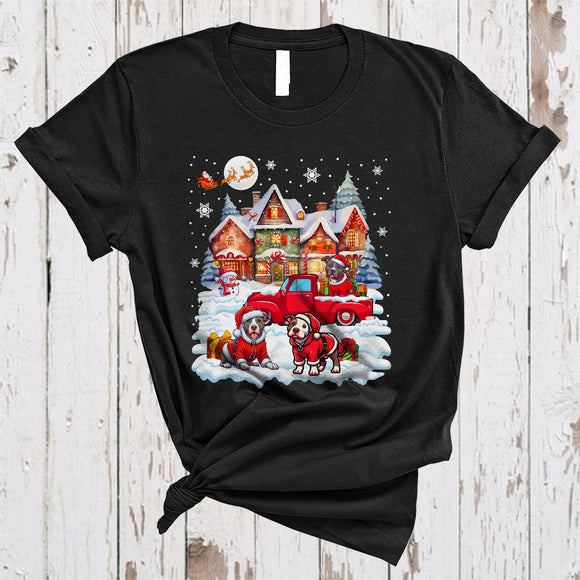 MacnyStore - Three Santa Pit Bull With Red Pickup Truck, Amazing Christmas House Snow, X-mas Family T-Shirt