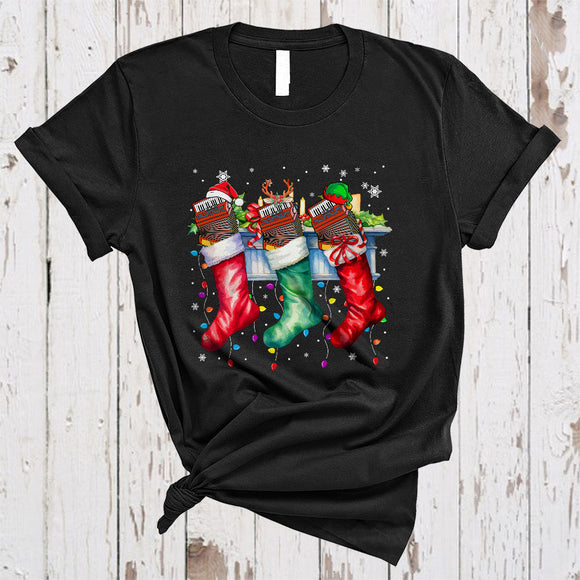 MacnyStore - Three Santa Reindeer ELF Accordion In Christmas Socks, Colorful X-mas Music, Family Group T-Shirt