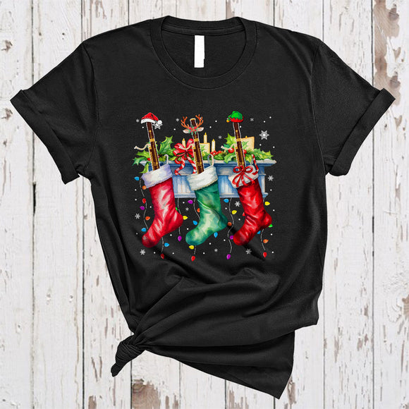 MacnyStore - Three Santa Reindeer ELF Bassoon In Christmas Socks, Colorful X-mas Music, Family Group T-Shirt