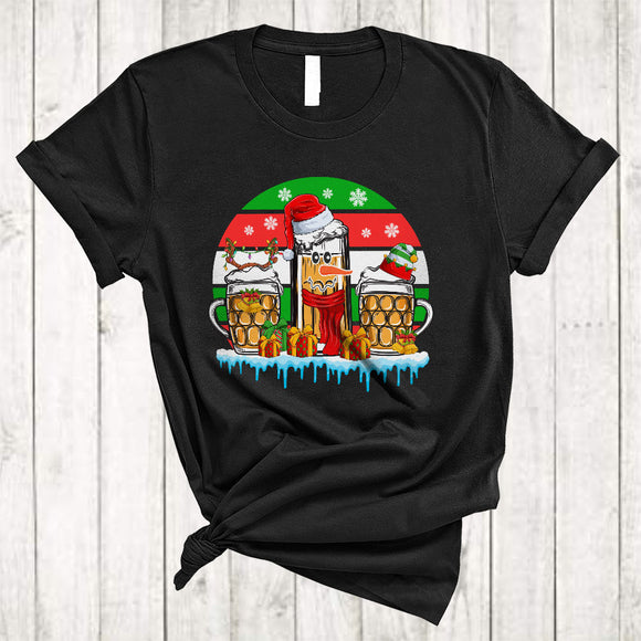 MacnyStore - Three Santa Reindeer ELF Beer Glasses Cool Christmas Xmas Lights Retro Drinking Drunk T-Shirt