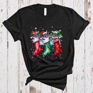 MacnyStore - Three Santa Reindeer ELF Boar In Christmas Socks, Colorful X-mas Animal, Family Group T-Shirt