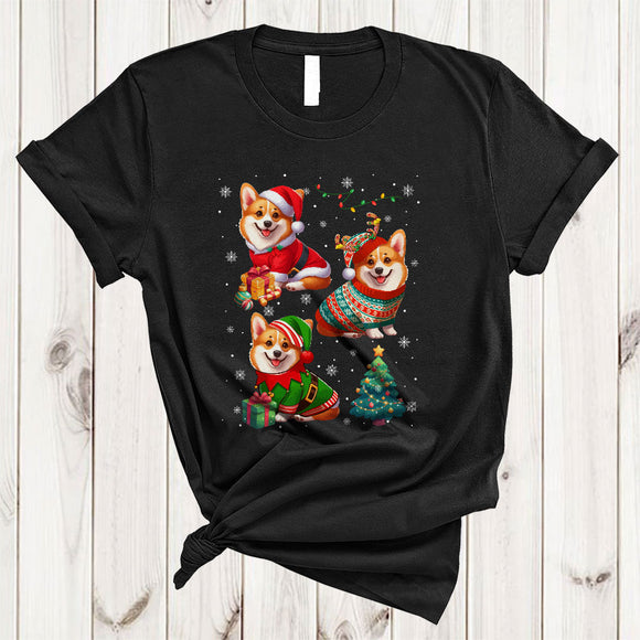 MacnyStore - Three Santa Reindeer ELF Corgi In Pajamas, Adorable Christmas Lights Puppy, X-mas Tree Snow T-Shirt