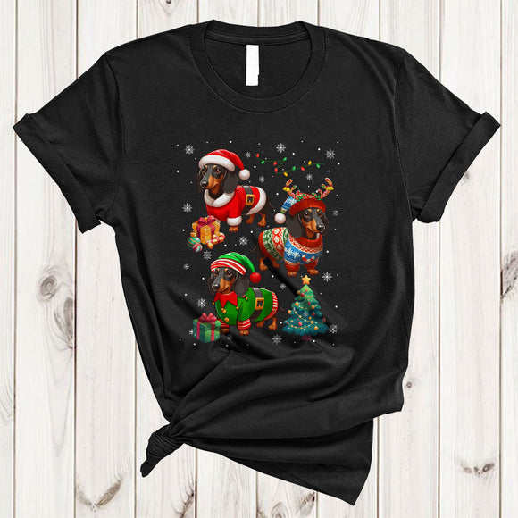 MacnyStore - Three Santa Reindeer ELF Dachshund In Pajamas, Adorable Christmas Puppy, X-mas Tree Snow T-Shirt