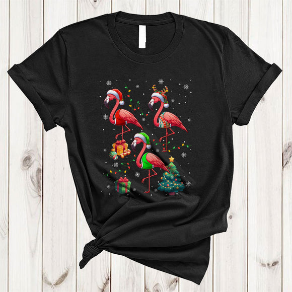 MacnyStore - Three Santa Reindeer ELF Flamingo In Pajamas, Adorable Christmas Lights, X-mas Tree Snow T-Shirt