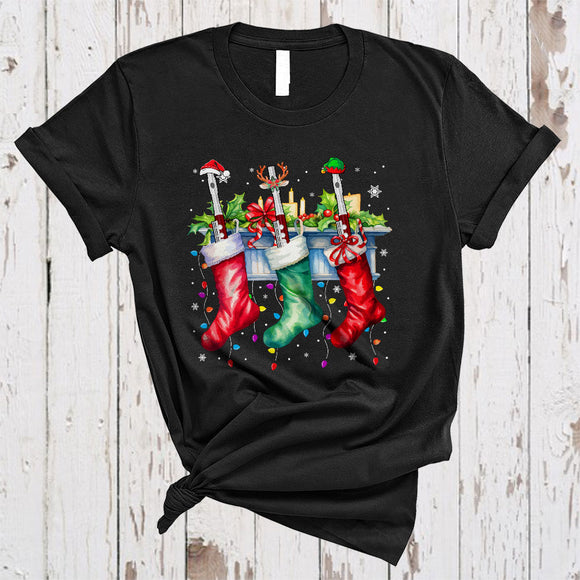 MacnyStore - Three Santa Reindeer ELF Flute In Christmas Socks, Colorful X-mas Music, Family Group T-Shirt