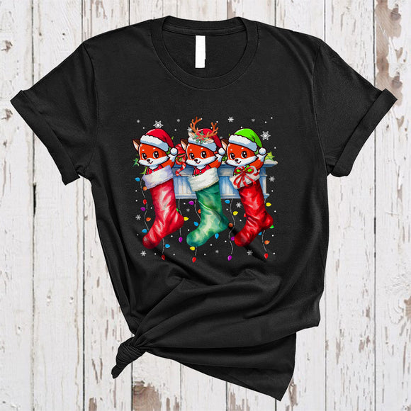 MacnyStore - Three Santa Reindeer ELF Fox In Christmas Socks, Colorful X-mas Animal, Family Group T-Shirt