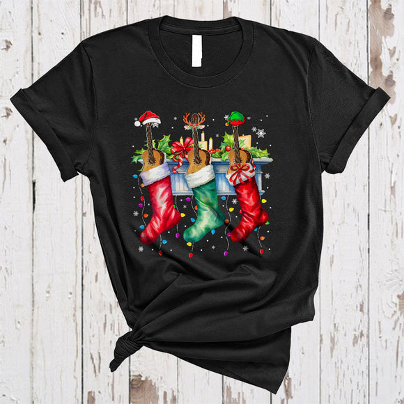 MacnyStore - Three Santa Reindeer ELF Guitar In Christmas Socks, Colorful X-mas Music, Family Group T-Shirt