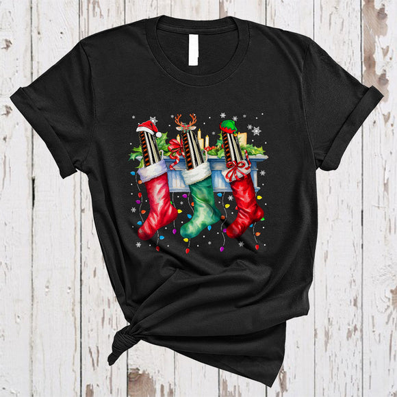 MacnyStore - Three Santa Reindeer ELF Harmonica In Christmas Socks, Colorful X-mas Music, Family Group T-Shirt