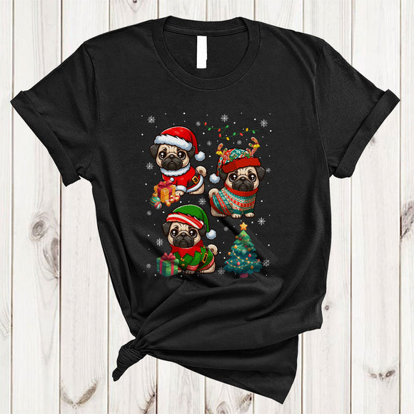 MacnyStore - Three Santa Reindeer ELF Pug In Pajamas, Adorable Christmas Lights Puppy, X-mas Tree Snow T-Shirt