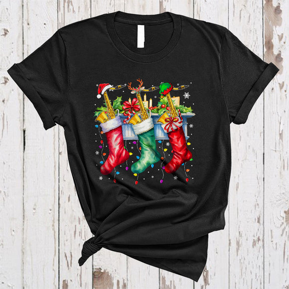 MacnyStore - Three Santa Reindeer ELF Saxophone In Christmas Socks, Colorful X-mas Music, Family Group T-Shirt