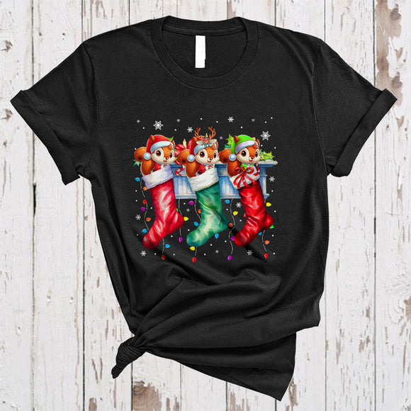 MacnyStore - Three Santa Reindeer ELF Squirrel In Christmas Socks, Colorful X-mas Animal, Family Group T-Shirt