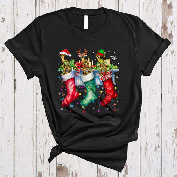 MacnyStore - Three Santa Reindeer ELF Trumpet In Christmas Socks, Colorful X-mas Music, Family Group T-Shirt