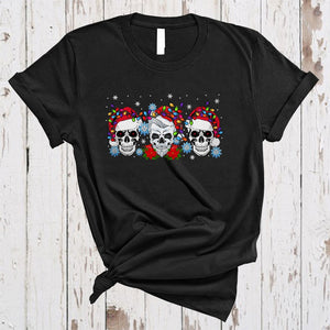 MacnyStore - Three Santa Skull With X-mas Lights, Scary Christmas Santa Skull Snow, X-mas Family Group T-Shirt