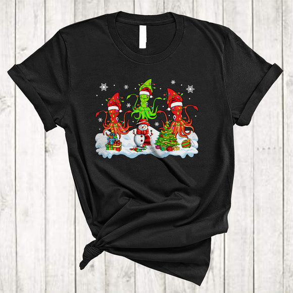 MacnyStore - Three Santa Squids With Snowman, Colorful Christmas Lights Squid Sea Animal, X-mas Group T-Shirt