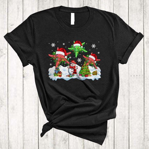 MacnyStore - Three Santa Starfishes With Snowman, Colorful Christmas Lights Starfish Sea Animal, X-mas Group T-Shirt
