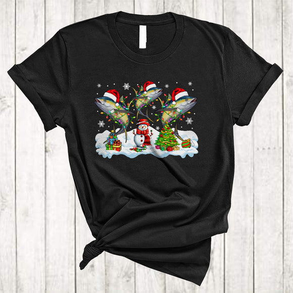 MacnyStore - Three Santa Tunas With Snowman, Colorful Christmas Lights Tuna Sea Animal, X-mas Group T-Shirt