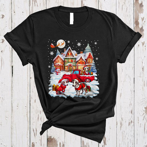 MacnyStore - Three Santa Whippet With Red Pickup Truck, Amazing Christmas House Snow, X-mas Family T-Shirt