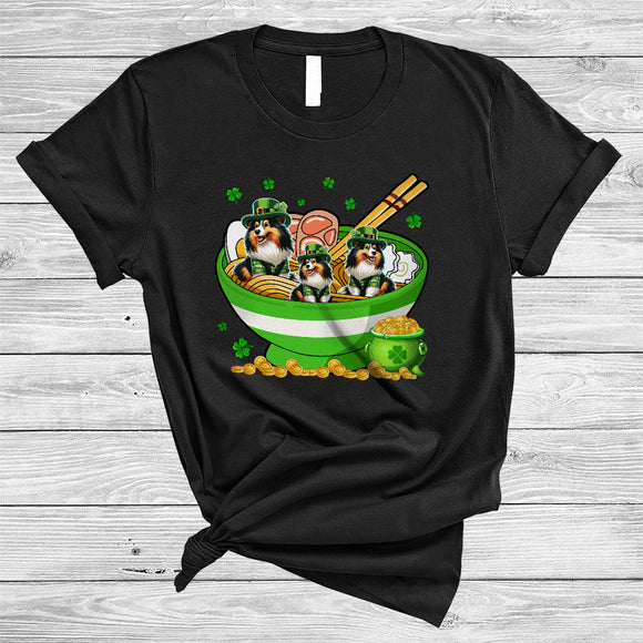 MacnyStore - Three Sheltie In Ramen Bowl, Awesome St. Patrick's Day Sheltie Shamrock, Japanese Food Lover T-Shirt