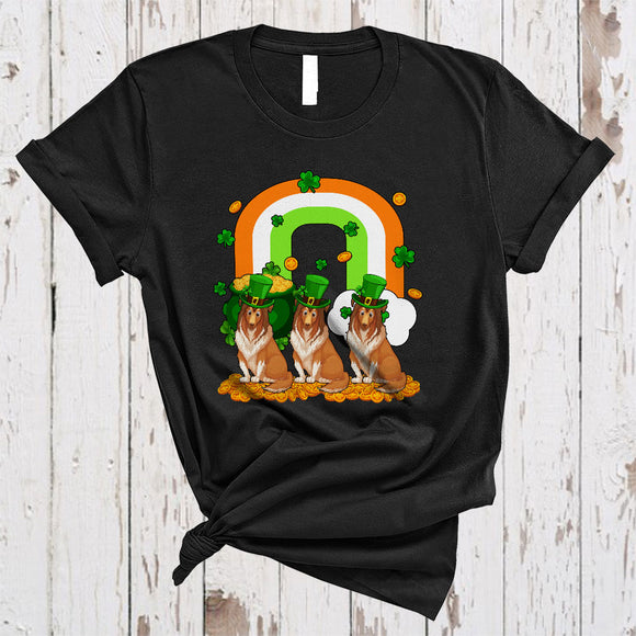 MacnyStore - Three Sheltie With Rainbow, Awesome St. Patrick's Day Shamrock Lucky, Irish Family Group T-Shirt