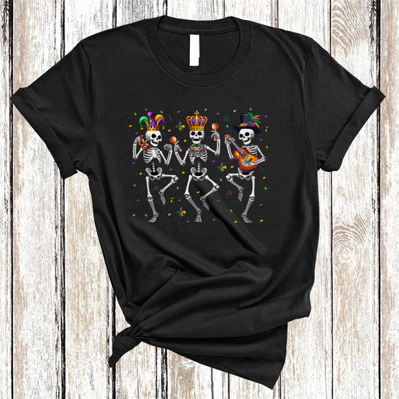 MacnyStore - Three Skeletons Dancing, Joyful Mardi Gras Skeleton Dancer, Mardi Gras Carnival Parade Group T-Shirt