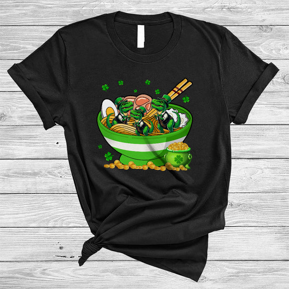MacnyStore - Three T-Rex In Ramen Bowl, Awesome St. Patrick's Day T-Rex Shamrock, Japanese Food Lover T-Shirt