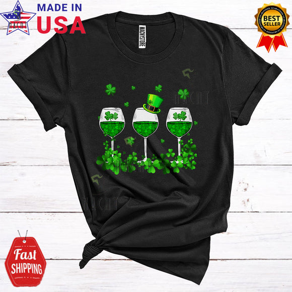 MacnyStore - Three Wine Glasses Cool Cute St. Patrick's Day Leprechaun Shamrocks Matching Drunk Drinking Lover T-Shirt