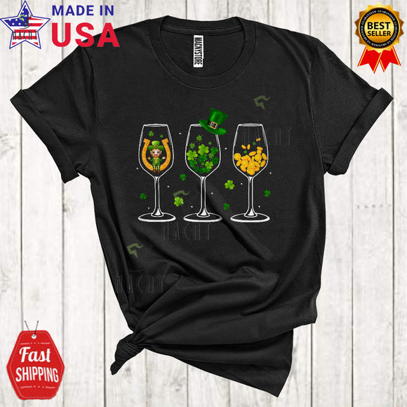 MacnyStore - Three Wine Glasses Cool Funny St. Patrick's Day Horseshoe Shamrock Gold Coins Wine Drinking Drunk T-Shirt